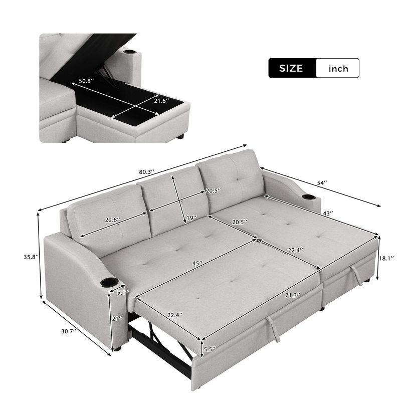 80.3" Modern Pull Out Convertible Sleeper Sofa Bed, Upholstered 3 Seater Couch with Storage Chaise and Cup Holder-ModernLuxe, 3 of 14