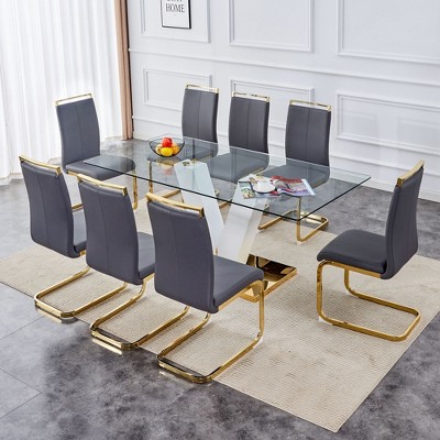 Nicbex 9 Piece Dining Table Set For 8 With Clear Tempered Glass ...