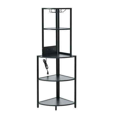 LIVAREEmlen 5 Tier Corner Shelf with USB Plug,Glass Holder,Tall Standing Shelf for Wall Corner, Narrow Bookshelf