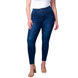 Women's Plus Size Button Closure Distressed Skinny Jeans - Wholesale Fashion Trends - 1 of 3