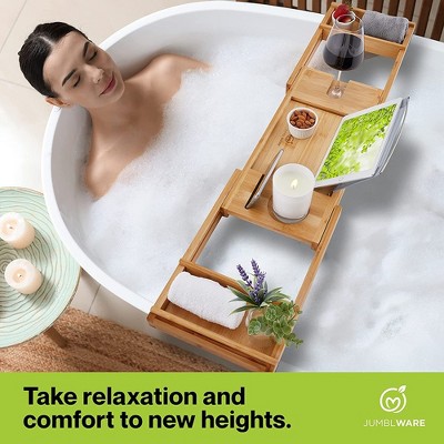 Bamboo Freestanding Bathtub Caddy with Extendable Sides