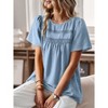Summer Short Sleeve Smock Tops Tiny Embroidered Blouse Lightweight Crochet Breathable T-Shirts for Women Round Neck Lantern Sleeve Casual Tops - 4 of 4