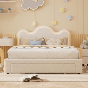Boucle Upholstered Princess Bed Frame with Flower Headboard, Storage Drawers, Wooden Slats, No Box Spring - 1 of 4
