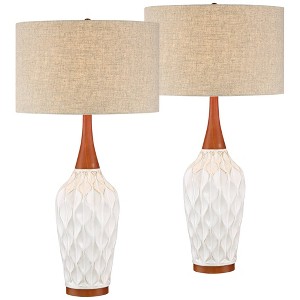 360 Lighting Rocco Modern Mid Century Table Lamps 30" Tall Set of 2 White Ceramic Tan Fabric Drum Shade for Bedroom Living Room Bedside Nightstand - 1 of 4