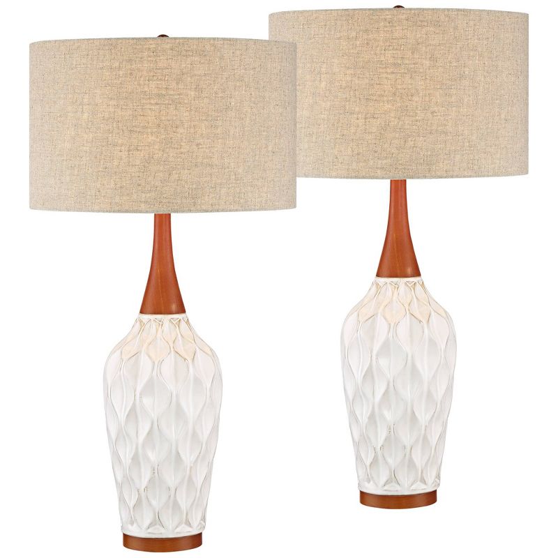 360 Lighting Rocco Modern Mid Century Table Lamps 30" Tall Set of 2 White Ceramic Tan Fabric Drum Shade for Bedroom Living Room Bedside Nightstand, 1 of 8
