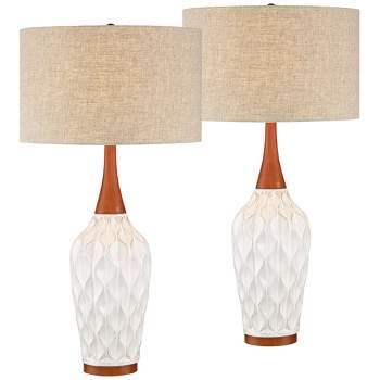 360 Lighting Rocco Modern Mid Century Table Lamps 30" Tall Set of 2 White Ceramic Tan Fabric Drum Shade for Bedroom Living Room Bedside Nightstand