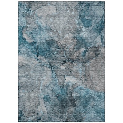 Teal Blue And Navy Blue Abstract Washable Indoor Outdoor Area Rug