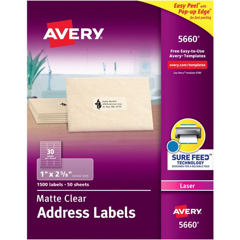 Avery Easy Peel Address Labels, Laser, 1 x 2-5/8 Inches, Clear, Pack of 1500, 1 of 2