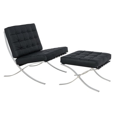LeisureMod Bellefonte Pavilion Chair and Ottoman, Stainless Steel Frame and Leather/Wool Cushions for Living Rooms, Offices, and Lounges