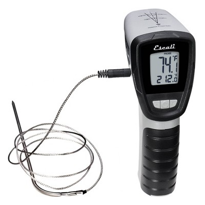 Digital meat thermometer with dual probe and long wire.