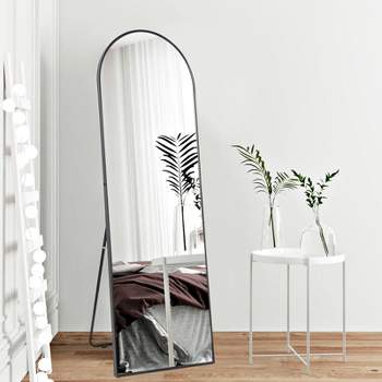 SKONYON Arched Full Length Mirror Rounded Corners Floor Mirror with Stand Modern Wood Framed Mirror Black