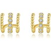 14K Gold Plated Triple Huggie Illusion Stud Earrings | Double Huggie Hoop Earrings for One Hole | Gold Hoop Earrings for Women - 3 of 4