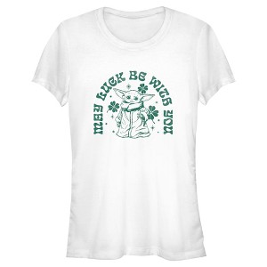 Juniors Womens Star Wars: The Mandalorian St. Patrick's Day Grogu May Luck be with You Retro T-Shirt - 1 of 4