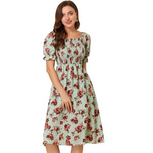 Allegra K Women's Cottagecore Floral Square Neck Puff Sleeves Summer Midi Smocked Dress - 1 of 4