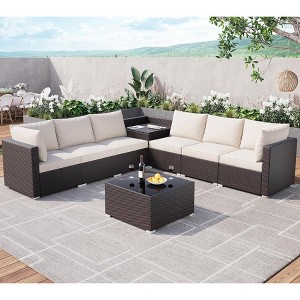 8 Pieces Outdoor Patio Furniture Set, Wicker Rattan Sectional with 4" Cushions, Glass Table & Hidden Storage Box, Brown - 1 of 4