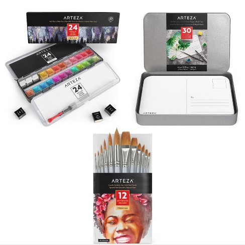 Arteza Professional Watercolor Card Painting Set, 24 Paints, 12 Brushes,  and 30 Postcards