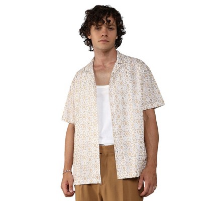 Campus Sutra Men Men's Off-White & Beige Embroidered Geometric Shirt