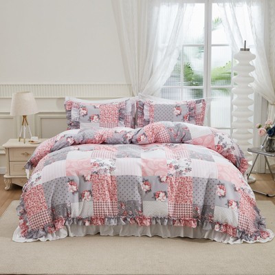 Pink Floral Comforter Set – Vintage Ruffle Pastoral Bedding with Flower Print, Soft Lightweight Microfiber, Queen/King 3-Piece