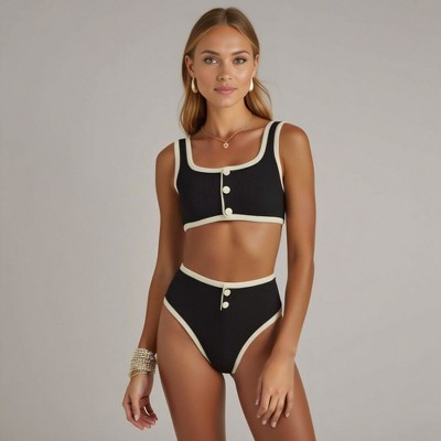 Knit & Lounge Women’s Button Trim Knit Bikini Set Scoop Neck Crop Top High Waist Bottom Retro Inspired Swimwear