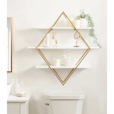 White and Gold Diamond Floating Wall Shelf with Wooden Accents