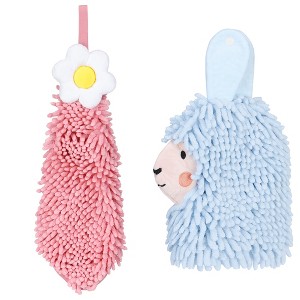 REGALWOVEN Soft Absorbent Flower Pattern and Sheep Pattern Chenille Hand Towel with Loop 6" x 15"/7" x 11" 2 Pcs - 1 of 4