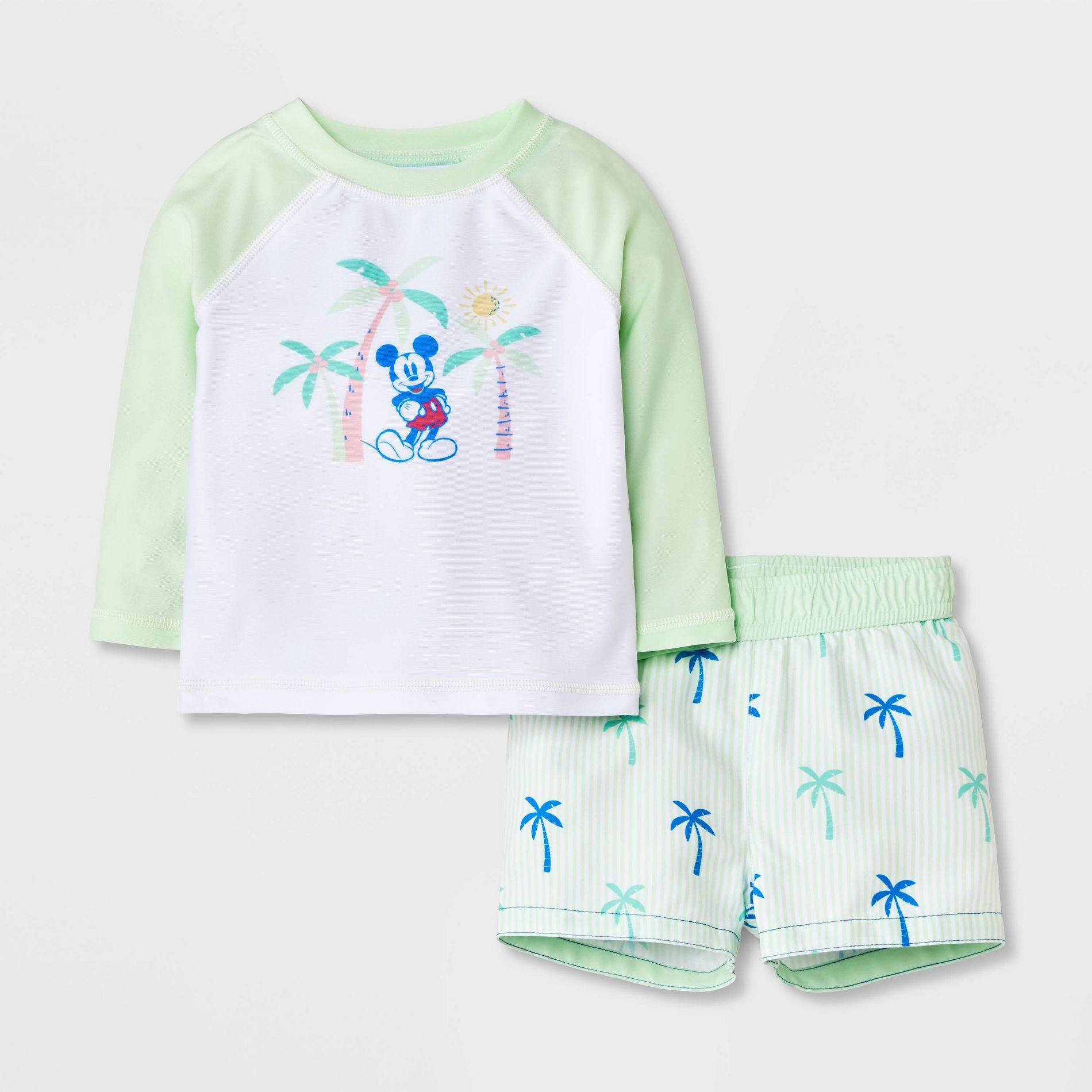Disney Baby Boys' Mickey Mouse Palm Tree 2pc Rash Guard Swimsuit - Light Green