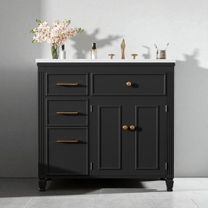 36" Freestanding Bathroom Vanity with Ceramic Sink, 4 Drawers, Adjustable Shelf & Tip-Out Drawer, MDF & Acacia Wood - 1 of 4