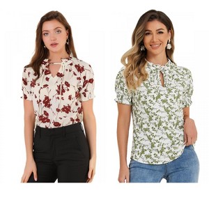 INSPIRE CHIC Women's Ruffle Tie V-Neck Casual Smocked Short Sleeve Floral Top 2 Packs - 1 of 4