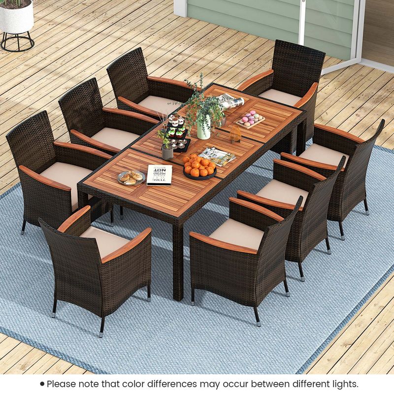 Costway 9PCS Patio Wicker Dining Set Acacia Wood Table Top Umbrella Hole Cushions Chairs, 1 of 11