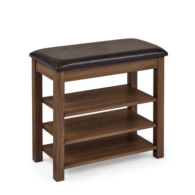 GlasFlength Shoe Racks 3 Tier Shoe Bench Entryway with Cushion Wood Bench with Shoe Storage for Entryway, Brown, 24"*12"*22"