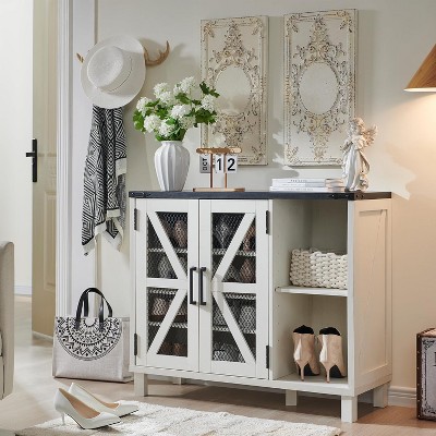 Farmhouse Shoe Cabinet with 2 Mesh Door & Adjustable Shelves, Freestanding Shoe Racks for 14 Shoes,  Rustic Shoe Organizers for Entryway, Off White