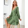 Elegant Dress for Lady Wrap Deep V Neck Dress Long Lantern Sleeve Waist Tie Skater Dress - 3 of 4