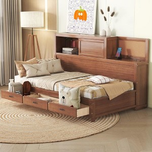 Twin/Full Size Wooden Daybed with 3 Storage Drawers, Upper Soft Board, Shelf, and a Set of Sockets and USB Ports - ModernLuxe - 1 of 4