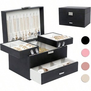 Women's Jewelry Box, 3 - Layer Organizer for Earrings, Rings, Necklaces, Bracelets Black - 1 of 4