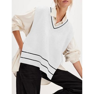 Sweater Vest for Women V Neck Sleeveless Knit Solid Casual Ribbed Preppy Pullover Tops - 1 of 4