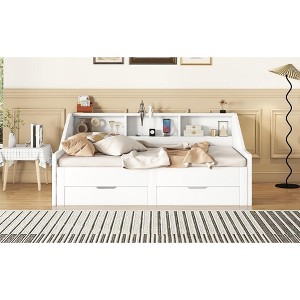 MAYEERTY Twin to King Size Daybed Frame with Storage Bookcases and Two Drawers,Charging Design,White - 1 of 4