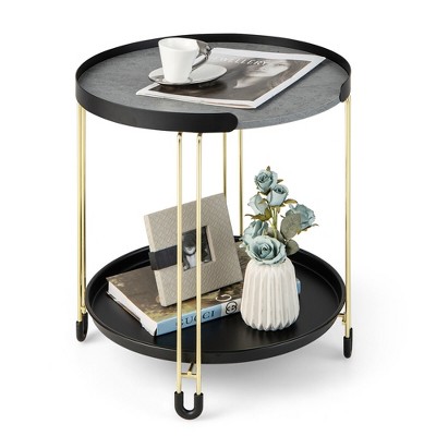 Tangkula 2-Tier Side End Table Round Nightstand Gold Frame for Living Room Bedroom