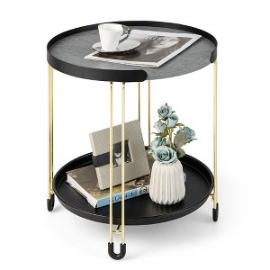 Tangkula 2-Tier Side End Table Round Nightstand Gold Frame for Living Room Bedroom - 1 of 4