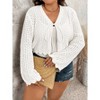 Women's Plus Size Crochet Hollow Out Tie Front Scallop Trim Crop Cardigan Sweater - 3 of 4