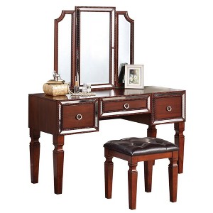 Poundex Wooden Makeup Vanity Set with Tri-fold Mirror and Stool - 1 of 3