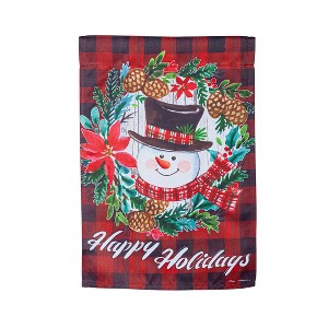 Evergreen Garden Flag Happy Holiday Snowman  Suede Double Sided Indoor Outdoor Decor 18" x 12.5" - 1 of 2