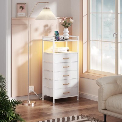 Furnulem Tall Nightstand with Charging Station and Drawers, Bedside Table with 4/5 Fabric Drawers, LED Lights and 2 Storage Shelves