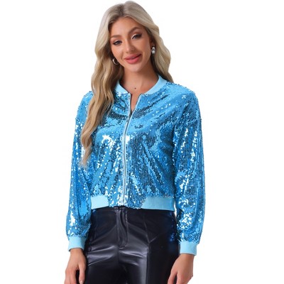 INSPIRE CHIC Women's Party Sequin Sparkle Long Sleeve Cropped Length Zipper Bomber Jacket