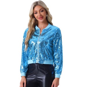 INSPIRE CHIC Women's Party Sequin Sparkle Long Sleeve Cropped Length Zipper Bomber Jacket - 1 of 4