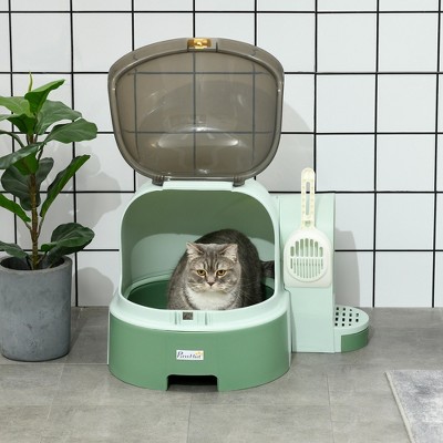 Whisen Space Capsule Enclosed Cat Litter Box with Lid, Removable Tray, Scoop and Side Step Entrance - Green