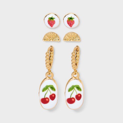 Fruit Stud and Drop Earring Set 3pc - Universal Thread™ Gold: Nickel-Free Metal, Button and Hoop Styles, 1.5" Length
