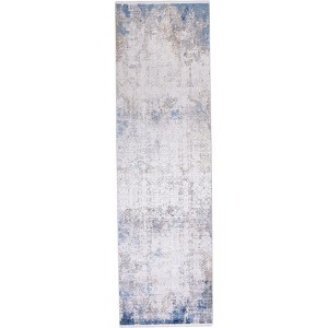 Ivory Gray and Blue Abstract Power Loom Area Rug With Fringe - 1 of 4