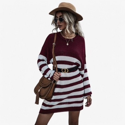 Anna-Kaci Women's Striped Long Sleeve Knit Sweater Dress with Relaxed Fit