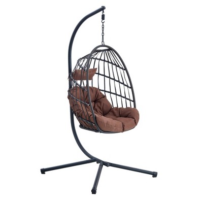 NAYSAYE Patio Swing Heavy Duty Iron Hanging Chair with Wicker Weave and Cushion for Garden and Balcony Relaxation, Black and Brown, 36.61"*78.74"*50"