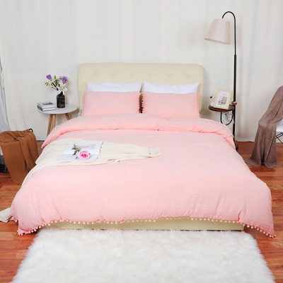 3 Pcs Washed Polyester with Pompoms Tassels Bedding Sets Queen Light Pink - PiccoCasa